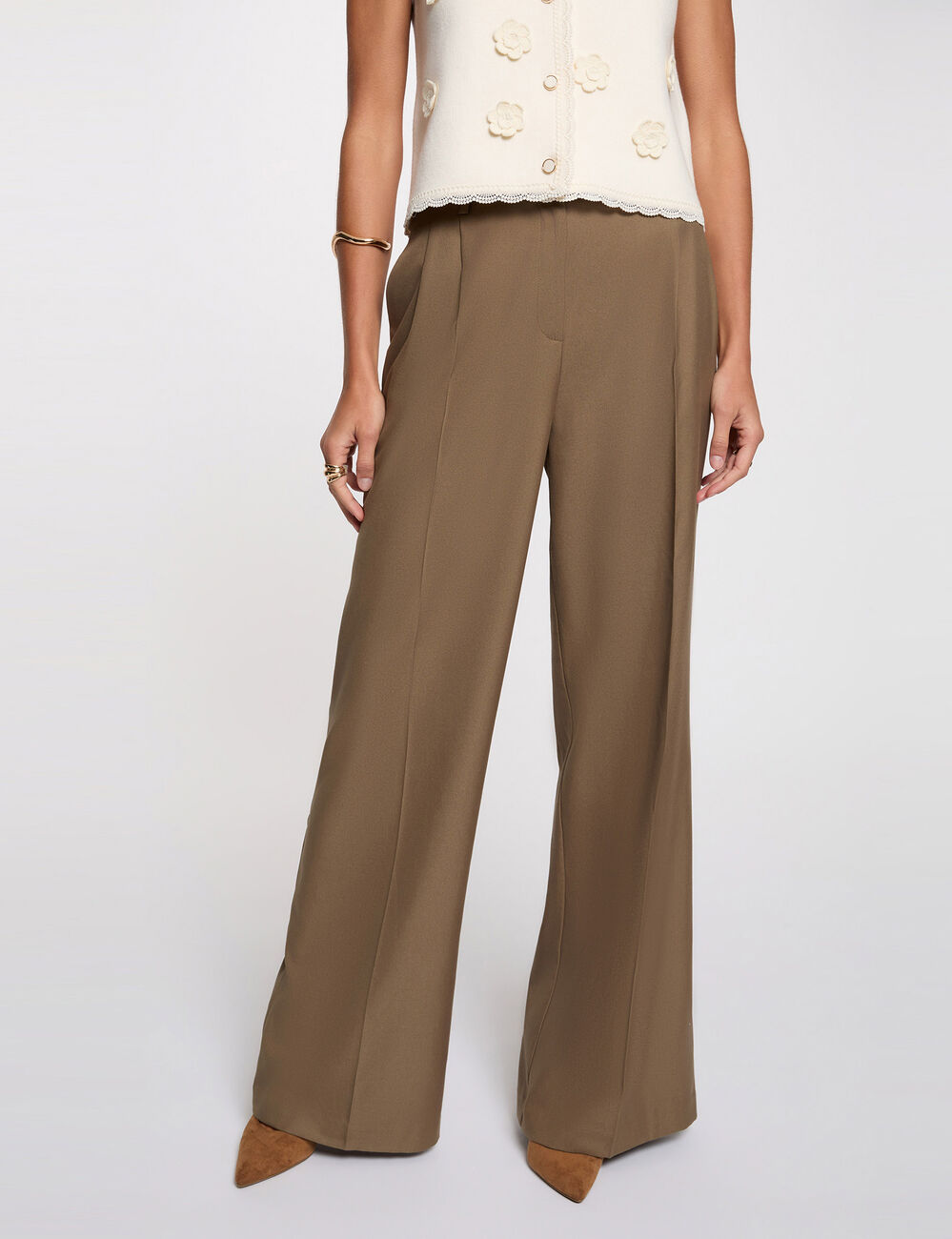 Pantal&oacute;n ancho con pliegues verde caqui mujer
