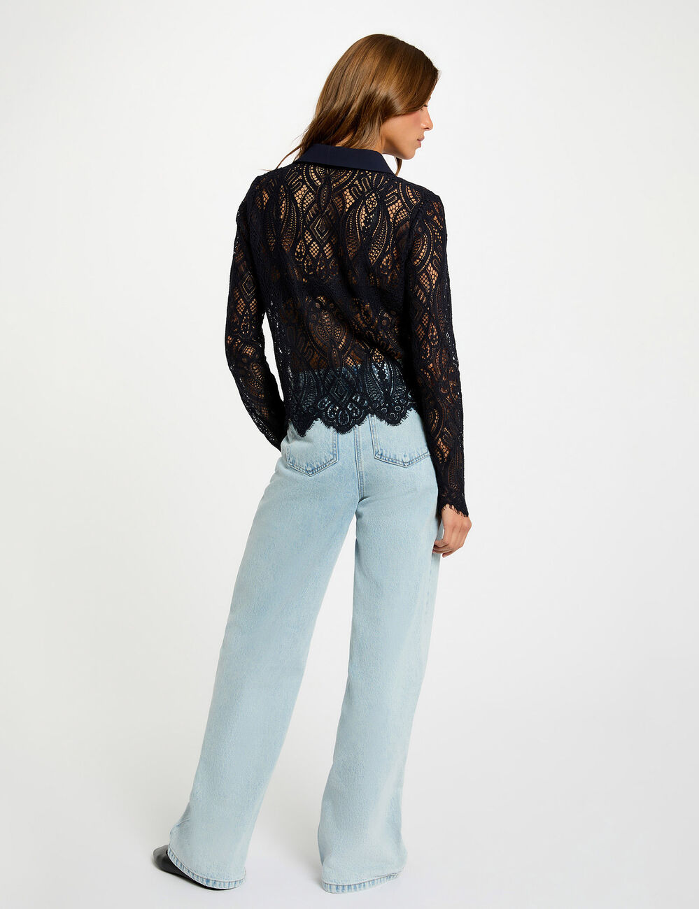 Camisa corta de encaje azul marino mujer