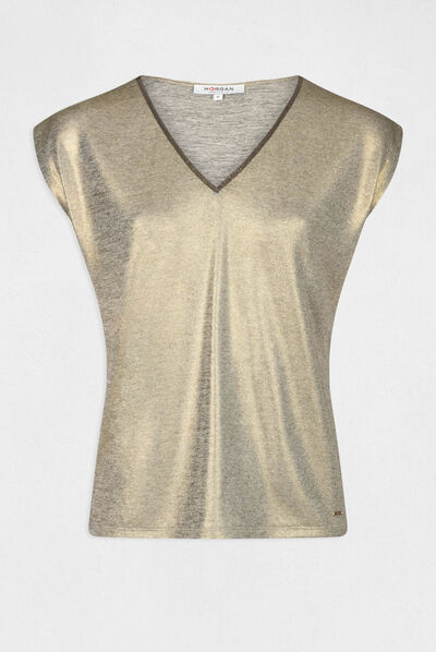 Camiseta metalizada manga corta dorado mujer