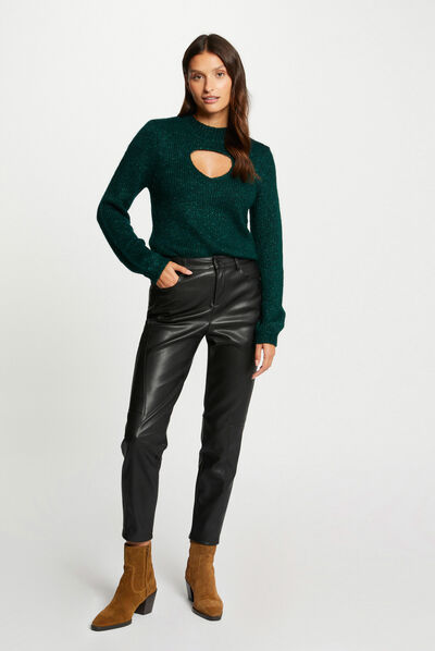 Pantalón slim cuero sintético negro mujer