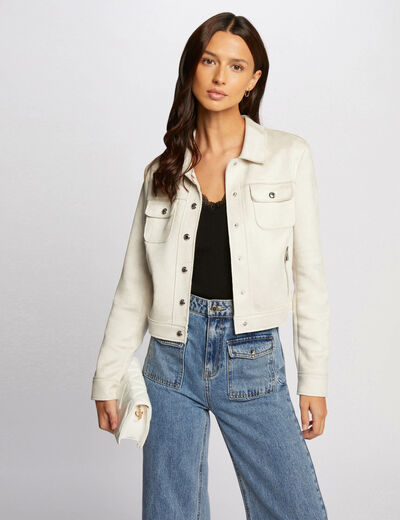 Chaqueta de antelina con botones crudo mujer