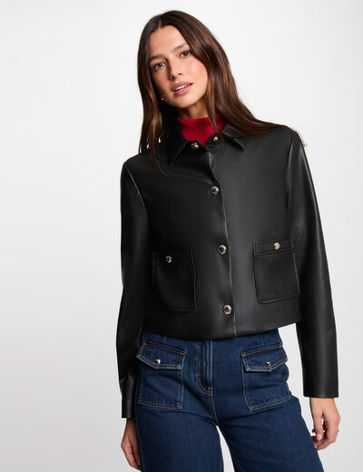 Cazadora corta cuero sintético negro mujer