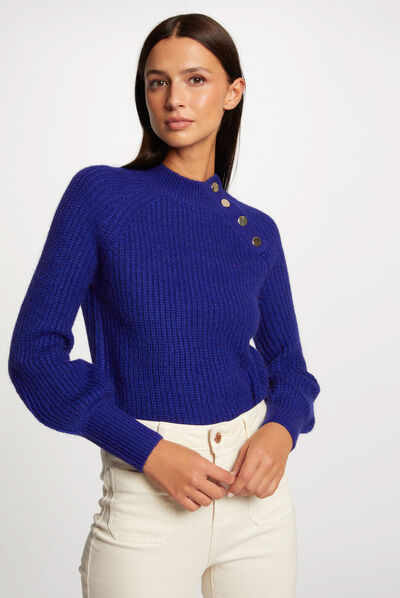 Jersey manga larga con cuello alto azul medio mujer