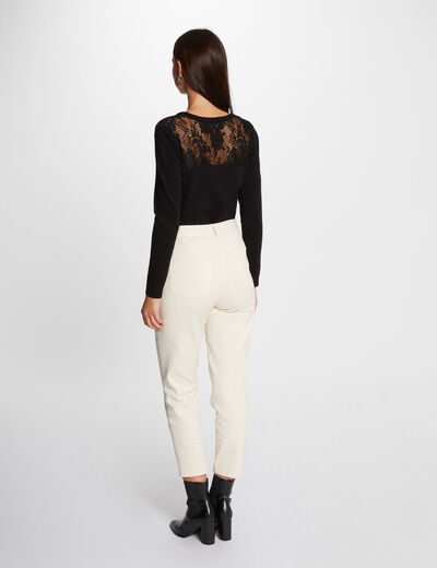 Jersey escote en V y encaje negro mujer