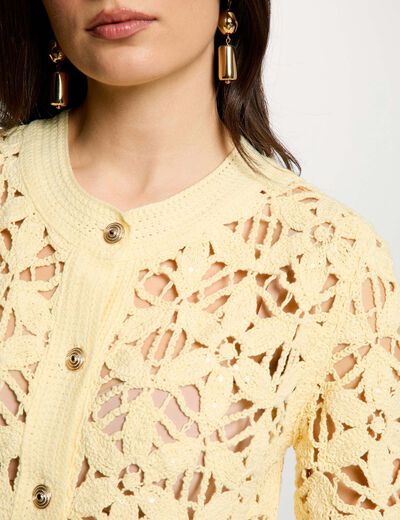 C&aacute;rdigan calado con cuello redondo amarillo pastel mujer