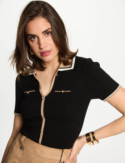 Jersey cuello tipo polo manga corta negro mujer