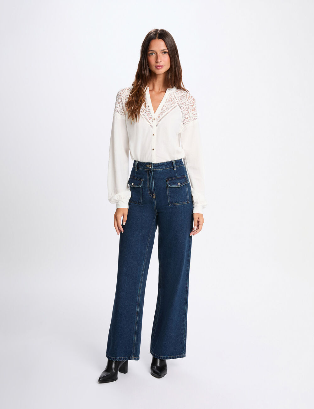 Camiseta de encaje con cuello en v blanco mujer