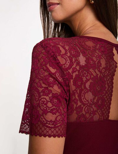 Camiseta de encaje con cuello en V burdeos mujer