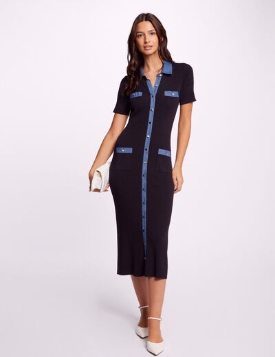 Vestido de punto midi ajustado azul marino mujer