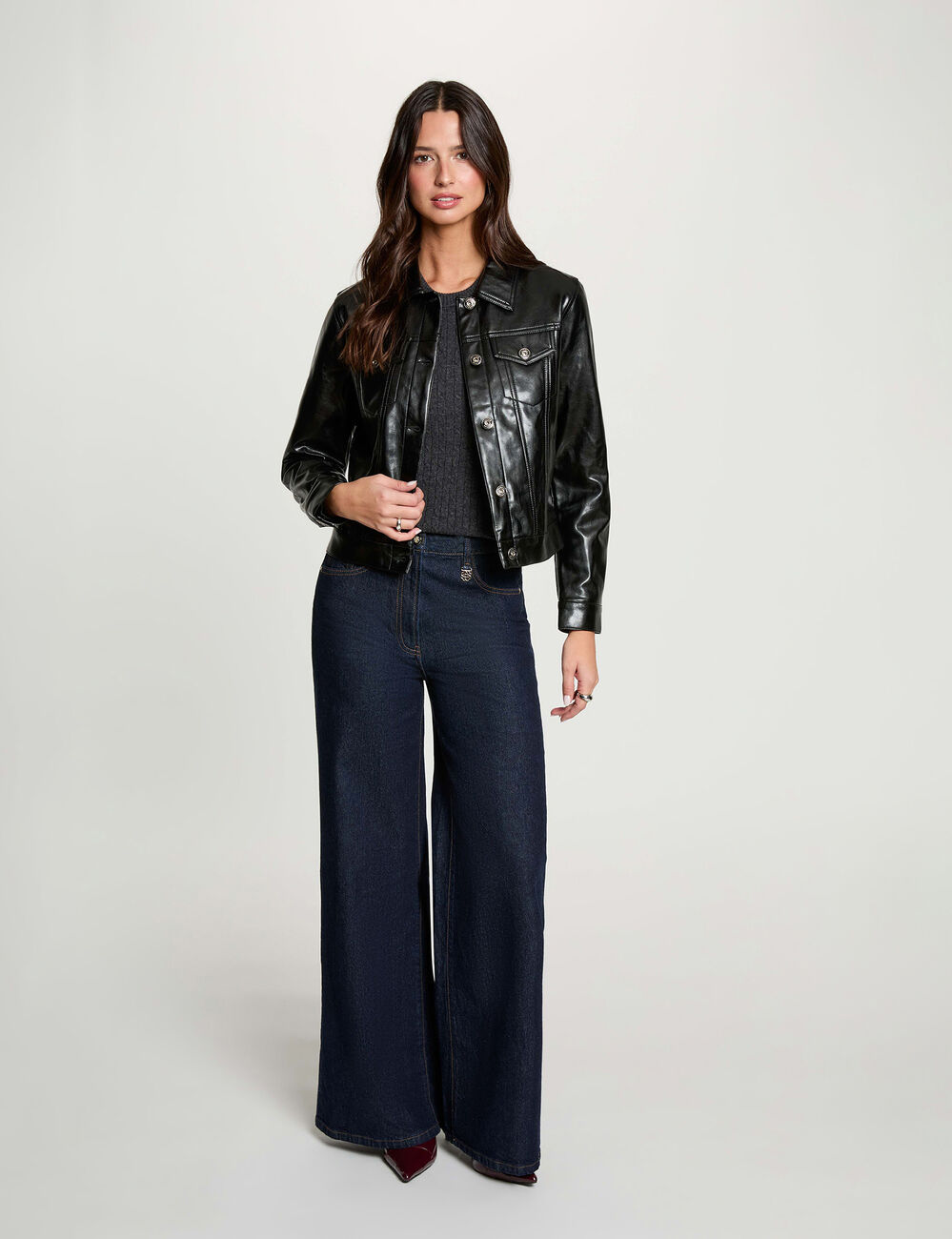 Chaqueta acolchada de cuero sint&eacute;tico negro mujer