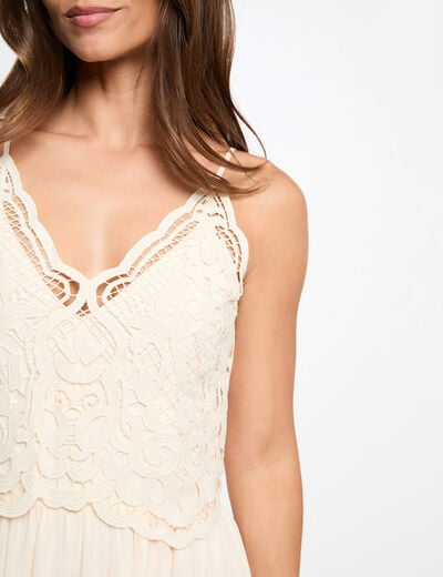 Vestido largo de encaje creme mujer