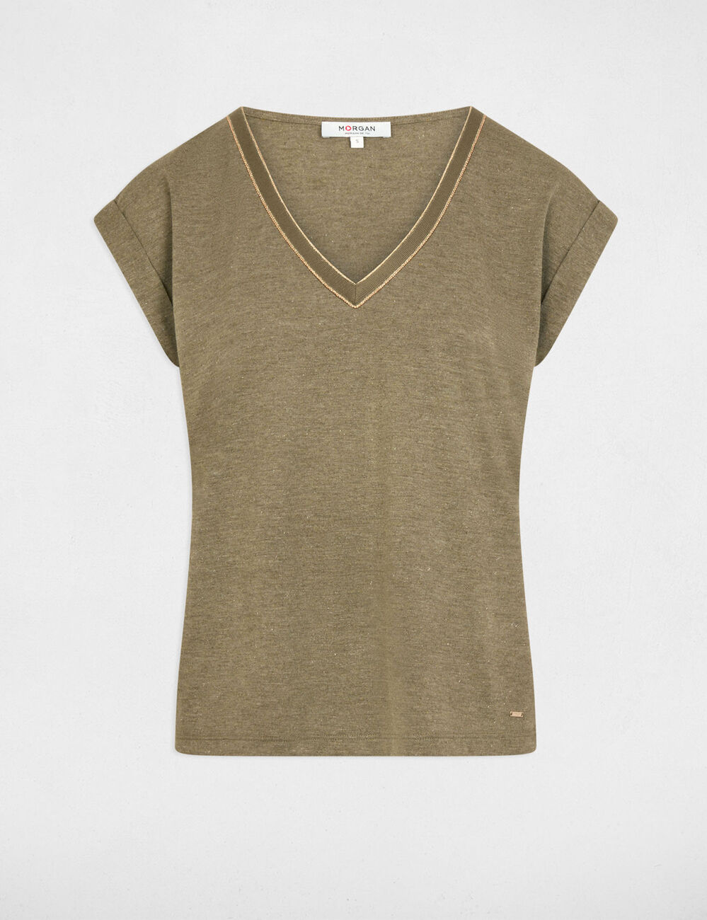 Camiseta de manga corta verde caqui mujer