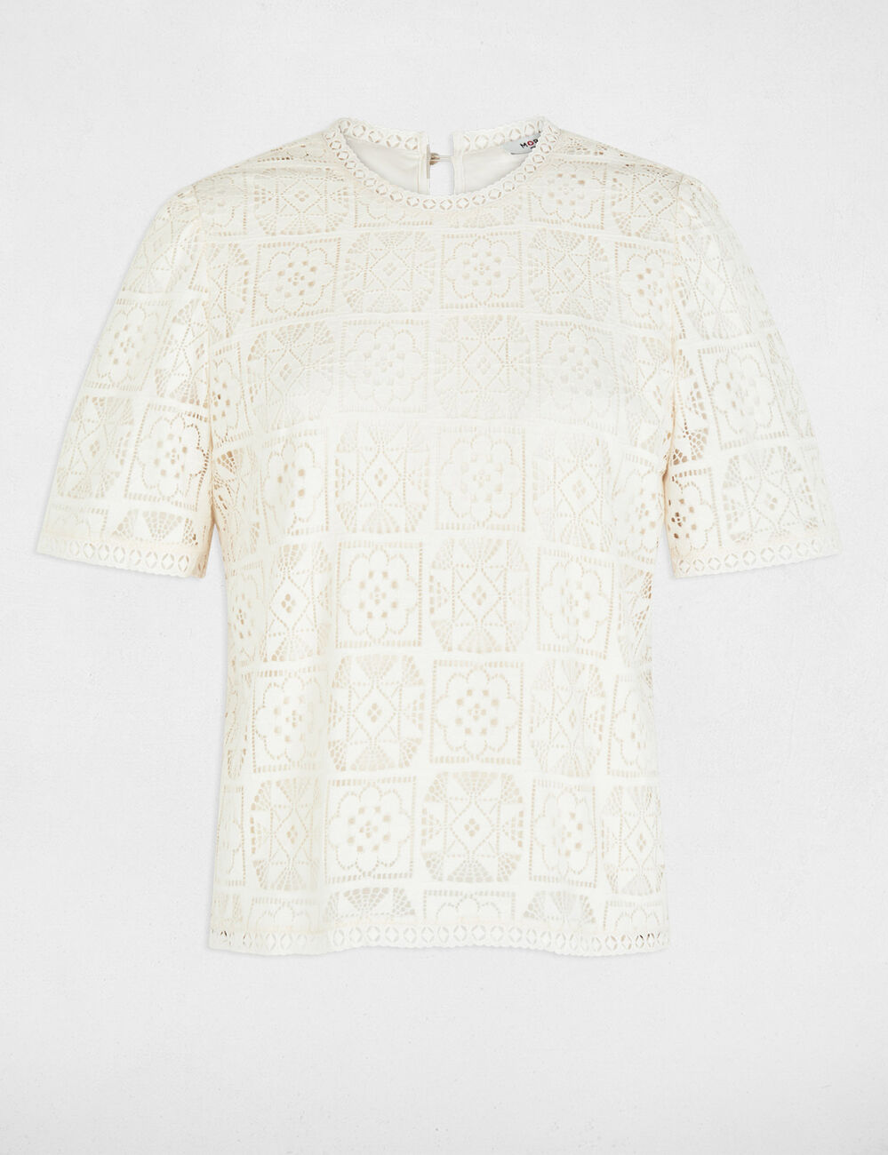Camiseta encaje cuello alto marfil mujer