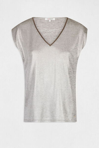 Camiseta metalizada manga corta plateado mujer