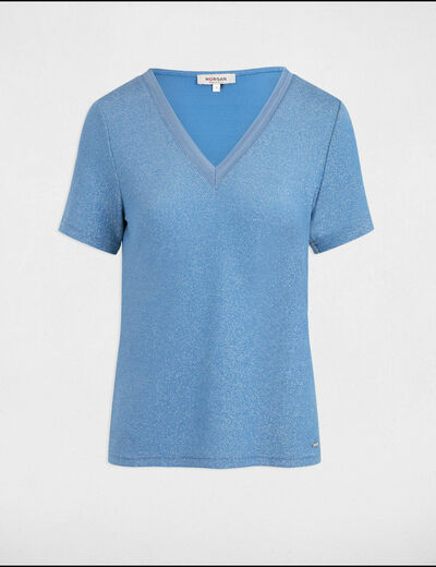 Camiseta manga corta con escote en V bleu gris mujer