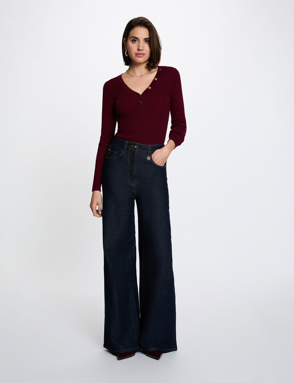 Jersey ajustado con cuello en V burdeos mujer
