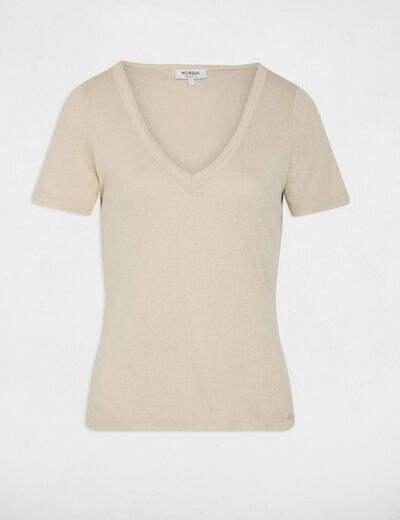 Camiseta entallada cuello v marfil mujer