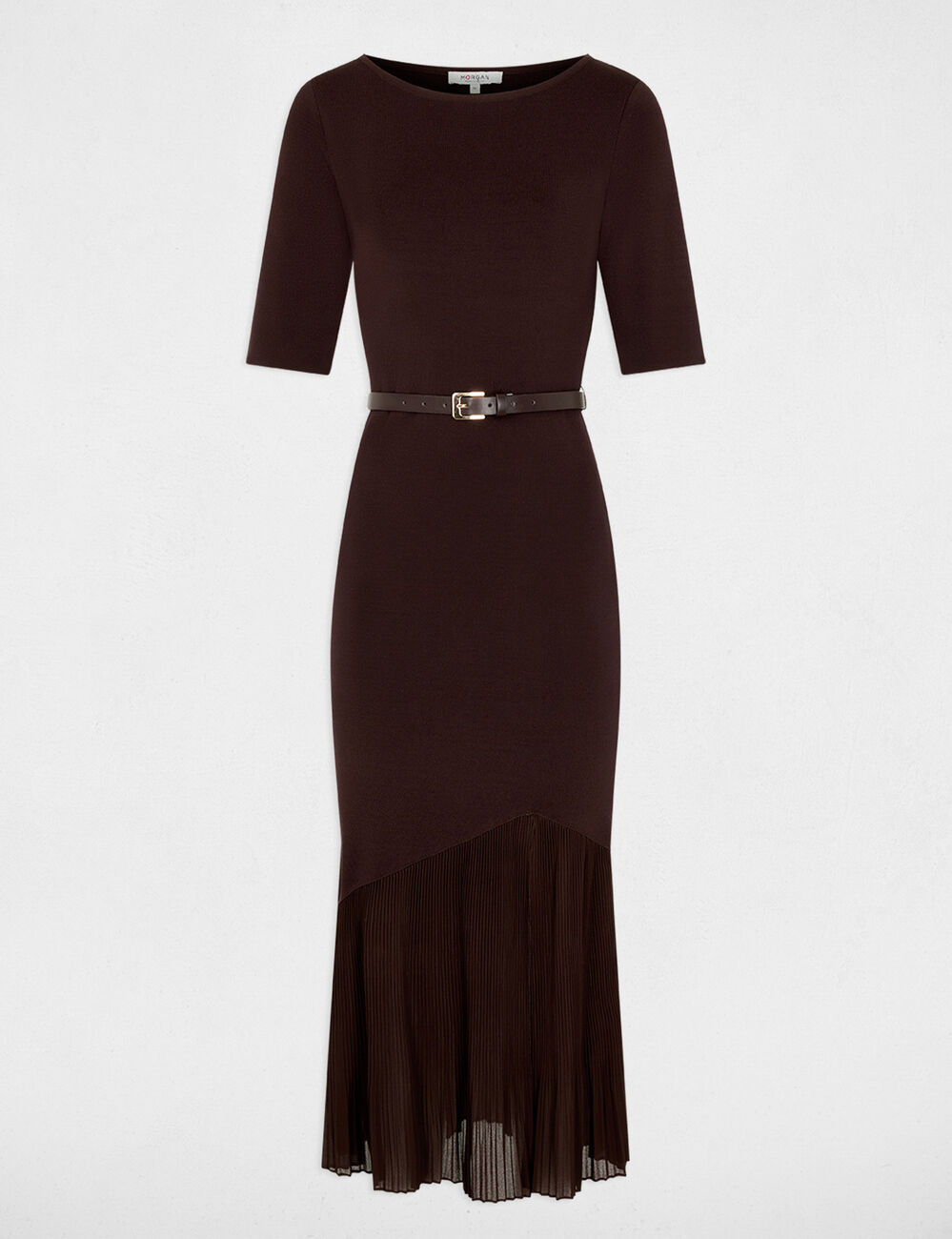 Vestido de punto con cintur&oacute;n marr&oacute;n oscuro mujer