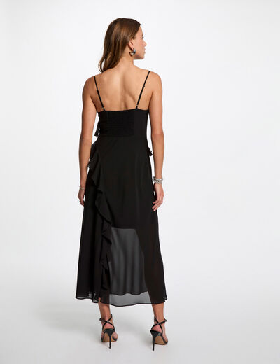 Vestido midi ajustado volantes negro mujer
