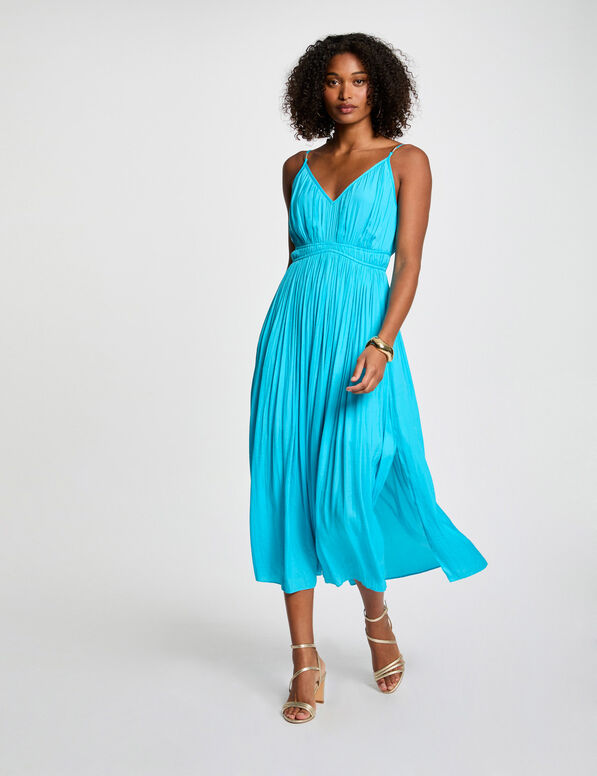 Vestido midi recto plisado azul cielo mujer