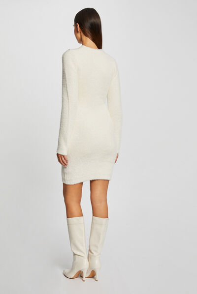 Vestido de punto ajustado aterciopelado marfil mujer