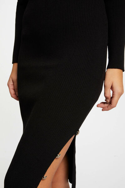 Vestido de punto ajustado con botones negro mujer