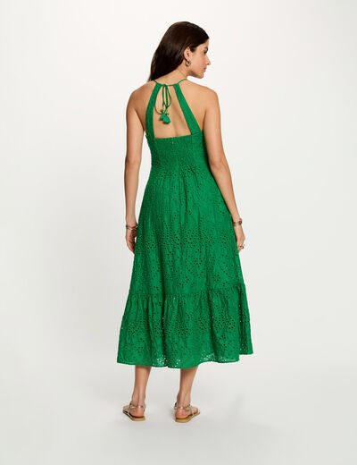 Vestido largo con bordado ingl&eacute;s verde pradera mujer
