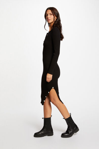 Vestido de punto ajustado con botones negro mujer