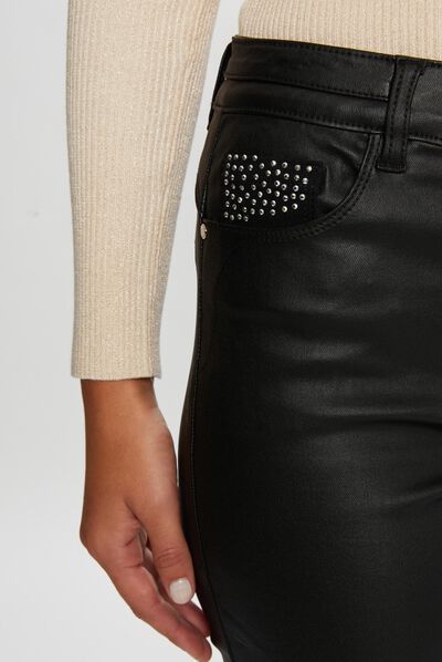 Pantalón skinny efecto mojado con strass negro mujer