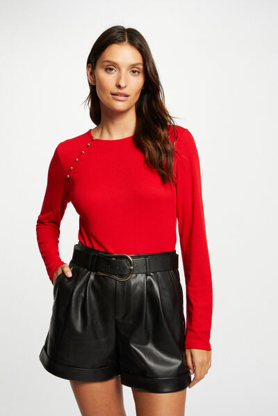 Camiseta manga larga acanalada rojo mujer
