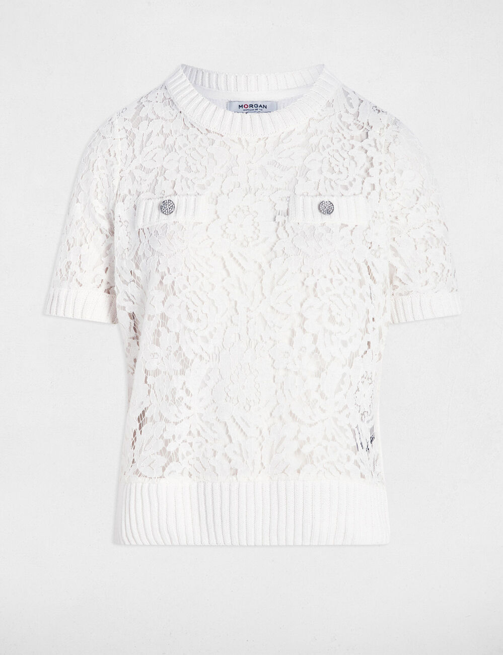 Jersey manga corta encaje blanco mujer