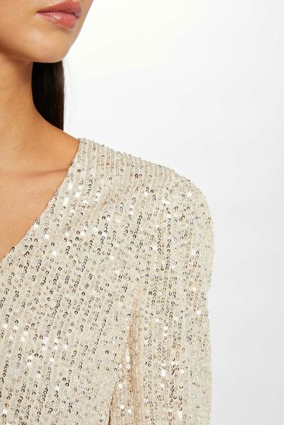 Camiseta manga larga con lentejuelas champán mujer