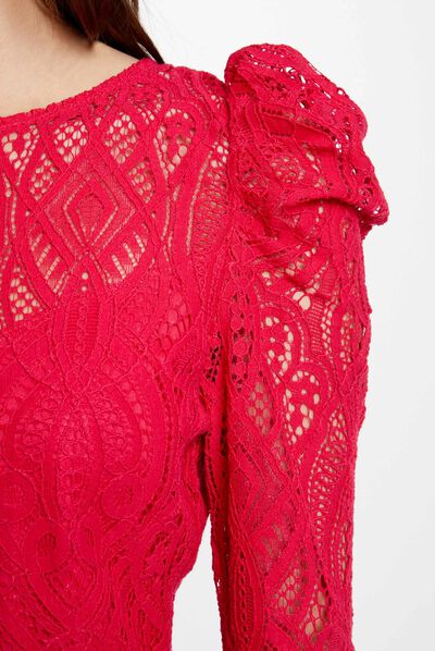 Camiseta manga larga con encaje fucsia mujer