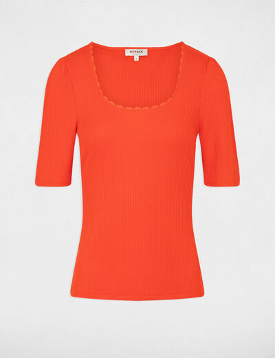 Camiseta acanalada manga corta naranja oscuro mujer