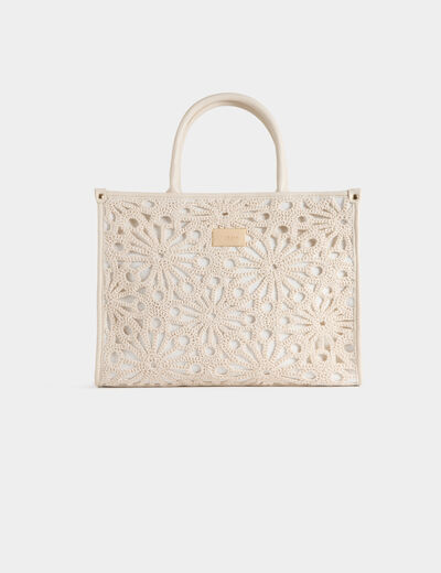 Bolso tote bordado marfil mujer