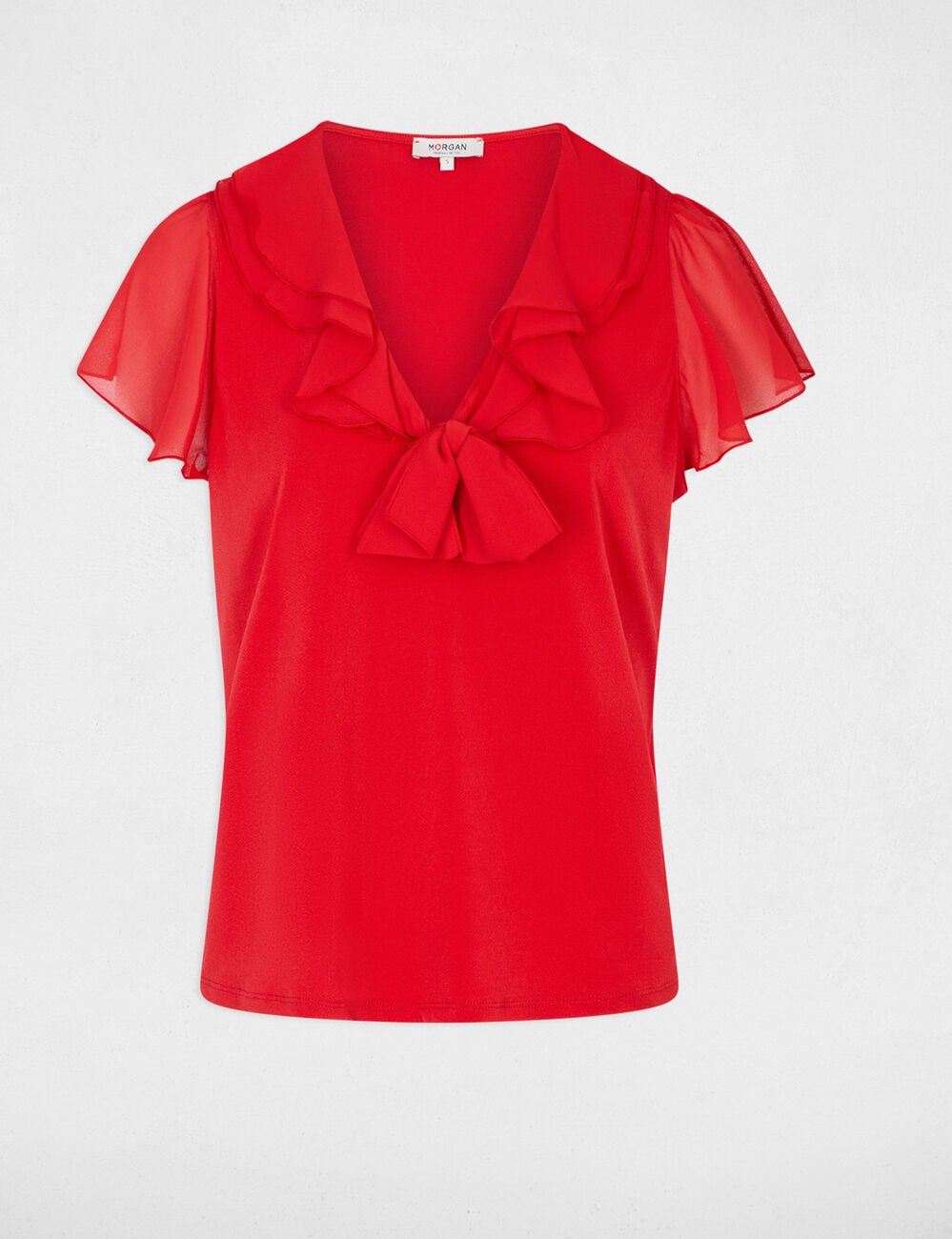 Camiseta con cuello lazada rojo vivo mujer