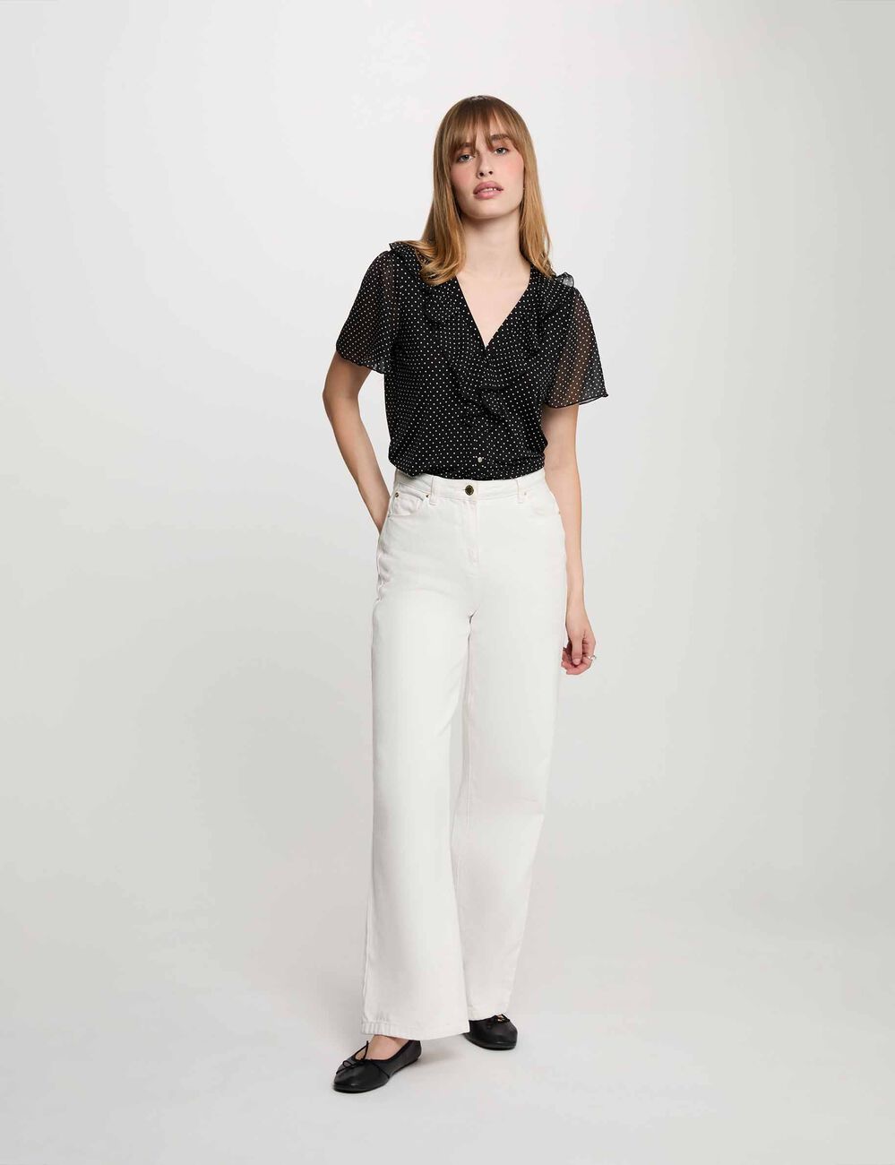 Blusa de gasa con cuello en V negro mujer