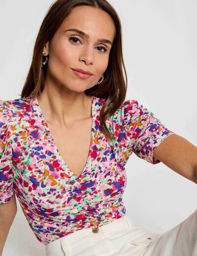 Camiseta ajustada cuello en v multicolor mujer