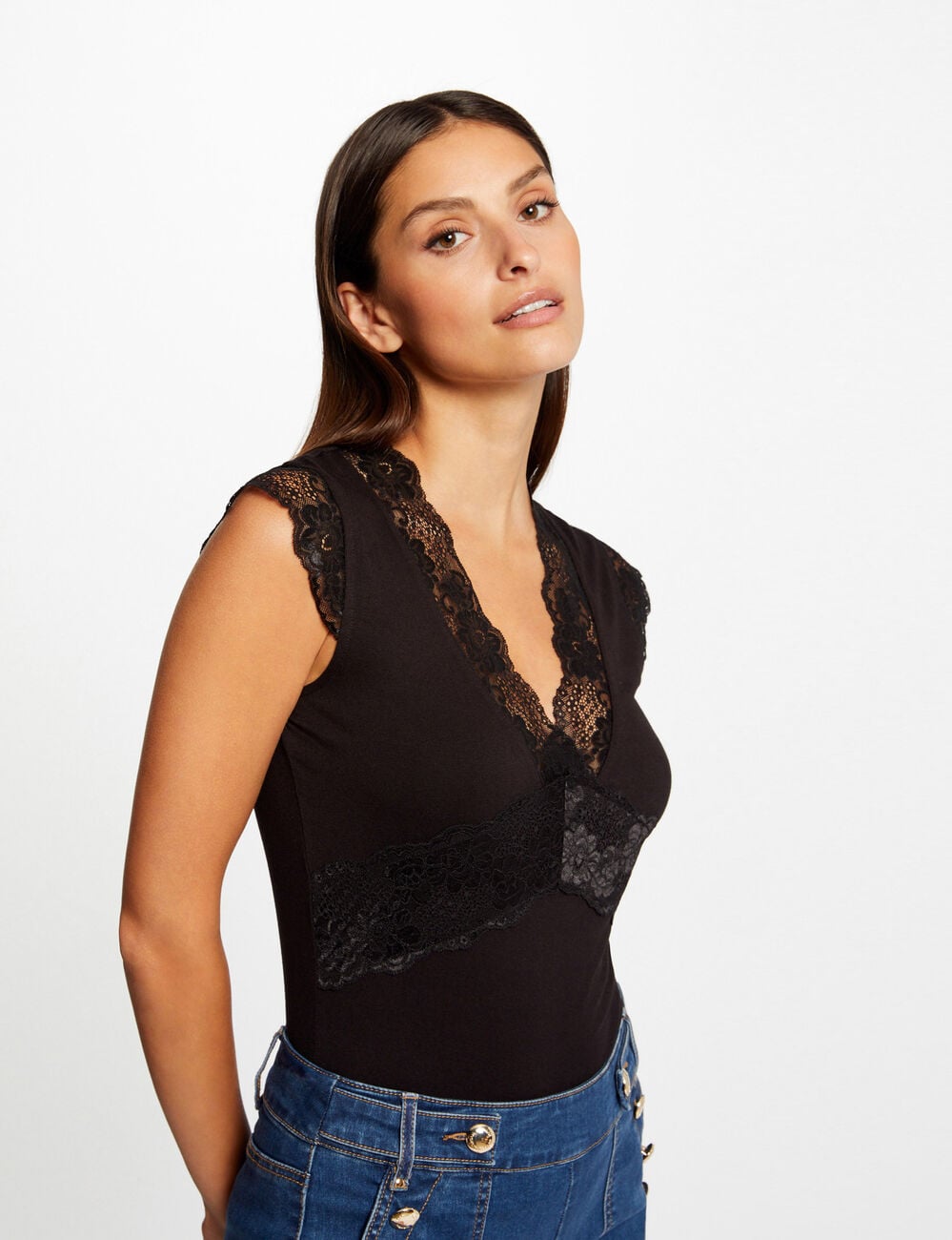 Top tirantes anchos con encaje negro mujer
