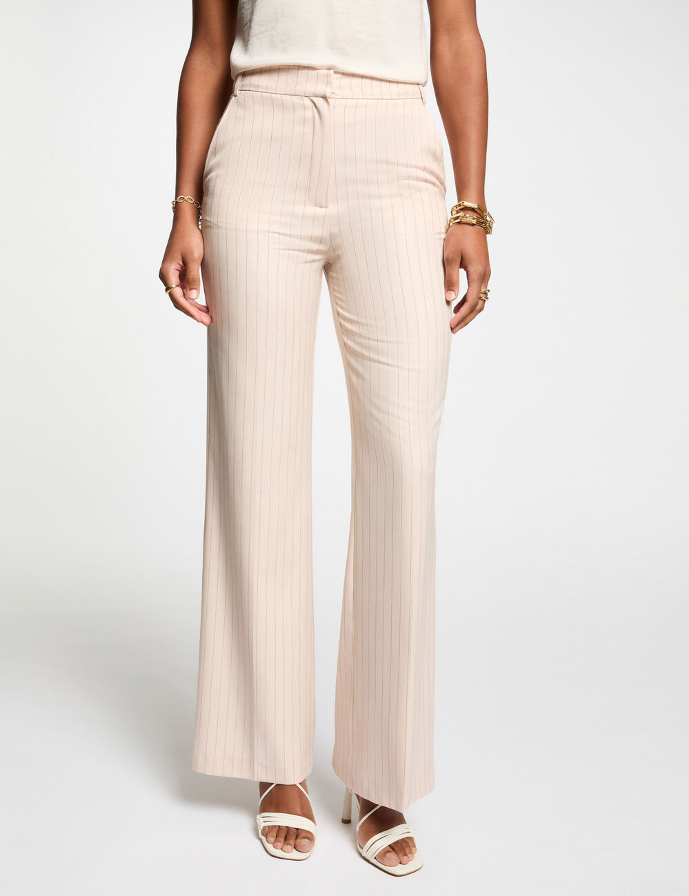 Pantalón pernera ancha rayas rosa claro mujer