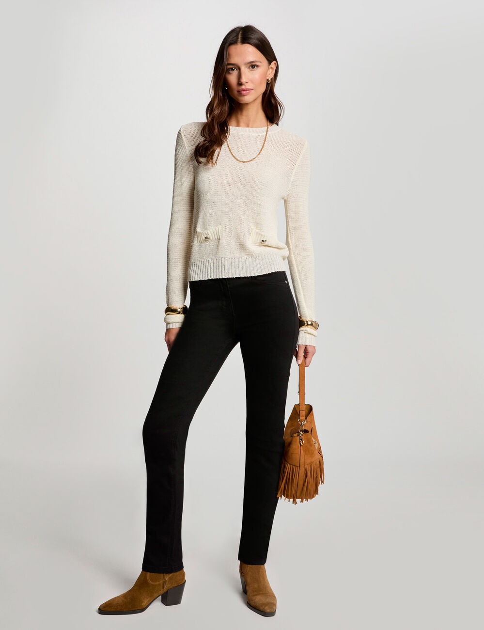 Jersey calado cuello redondo marfil mujer