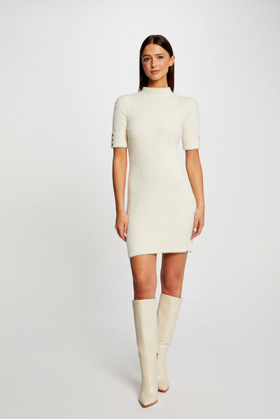 Vestido de punto ajustado manga corta marfil mujer