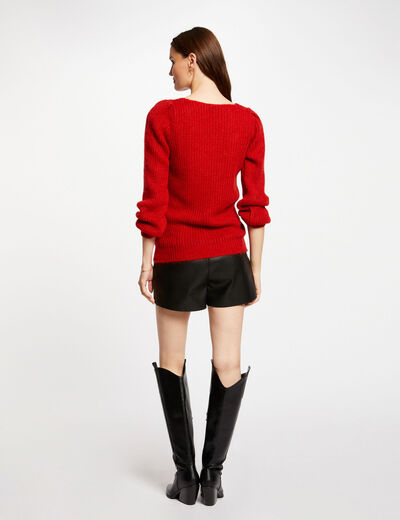 Jersey manga larga con escote en V rojo medio mujer