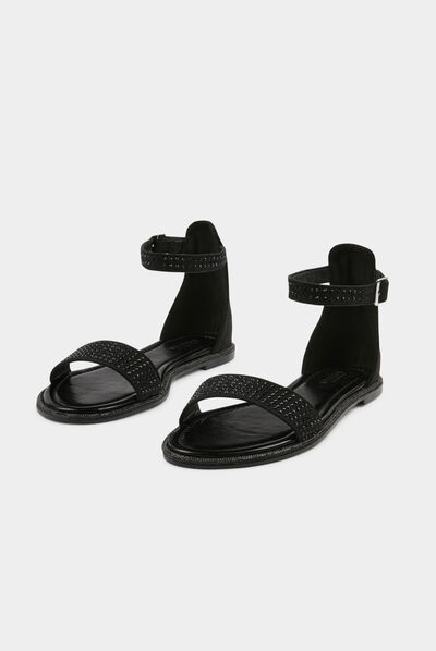 Sandalias planas con detalles strass negro mujer