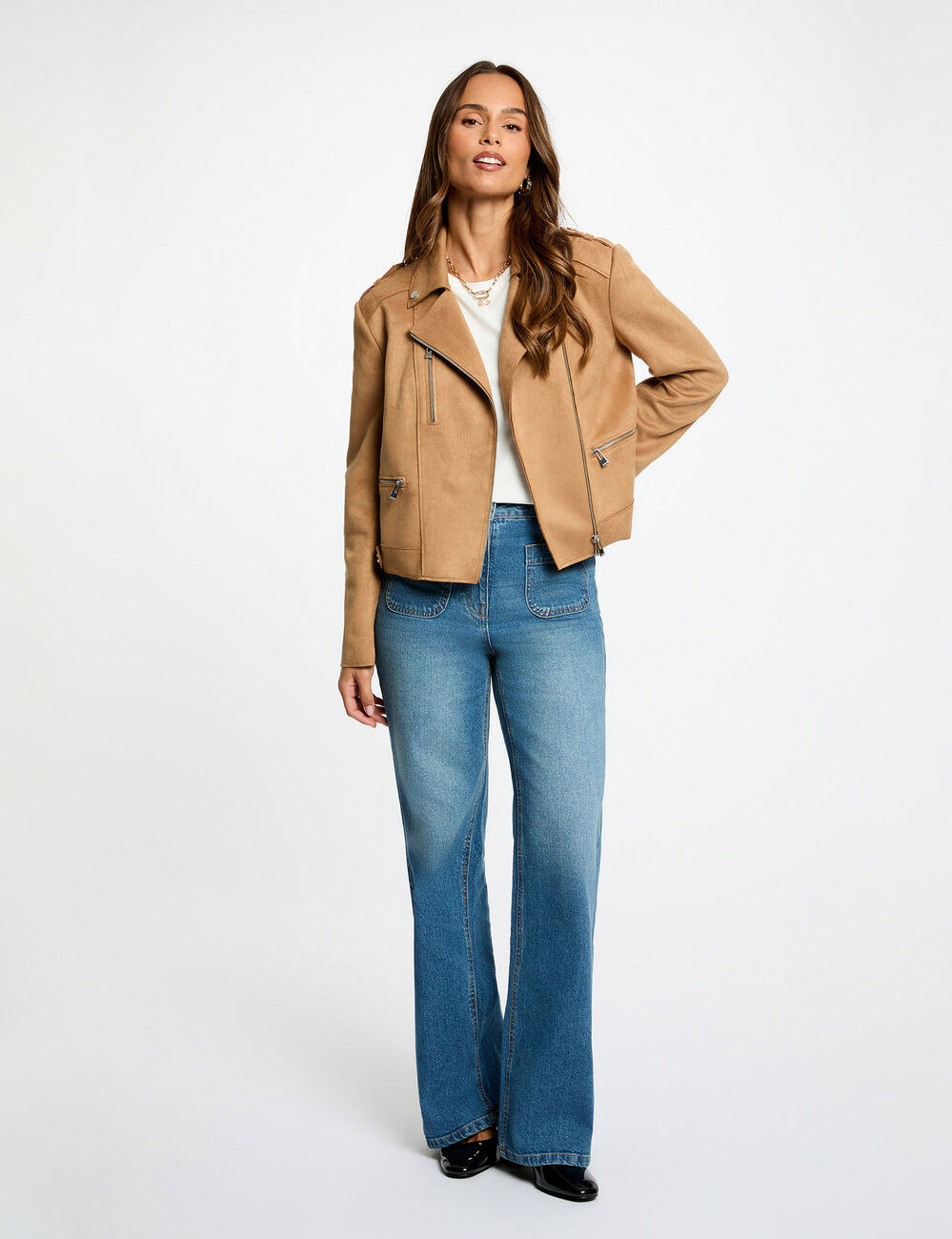 Chaqueta corta de ante marr&oacute;n co&ntilde;ac mujer