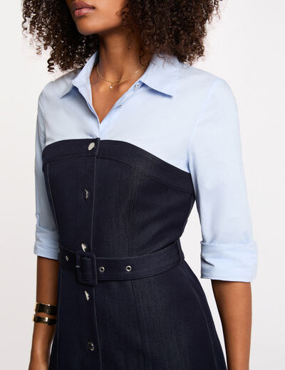 Vestido corto efecto 2 en 1 denim crudo mujer