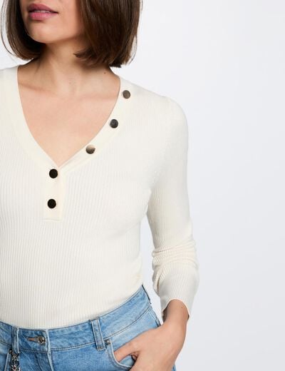 Jersey ajustado con cuello en V marfil mujer