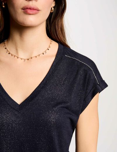 Camiseta manga corta strass azul marino mujer