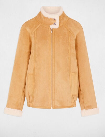 Chaqueta de ante con cuello alto c&aacute;mel mujer