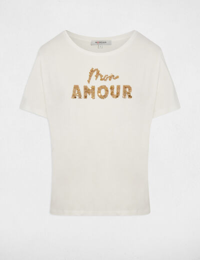 Camiseta bordada con lentejuelas blanco mujer